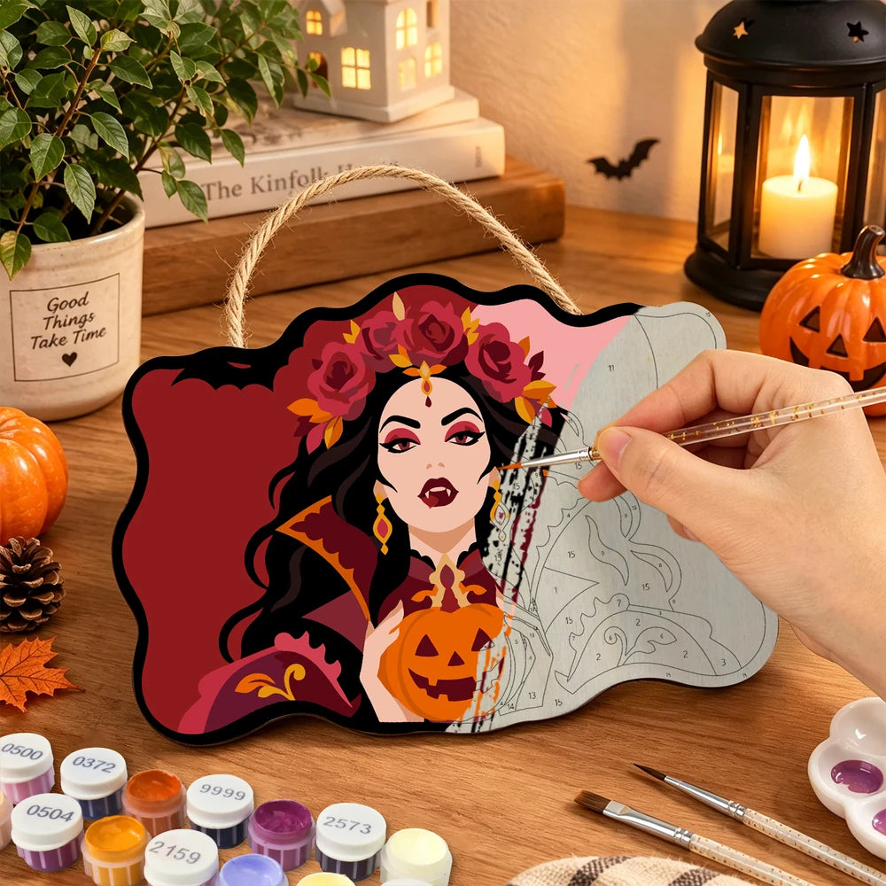 
Paint by Numbers - Wooden Door Hanger | Vampire Queen with a Jack-o'-Lantern