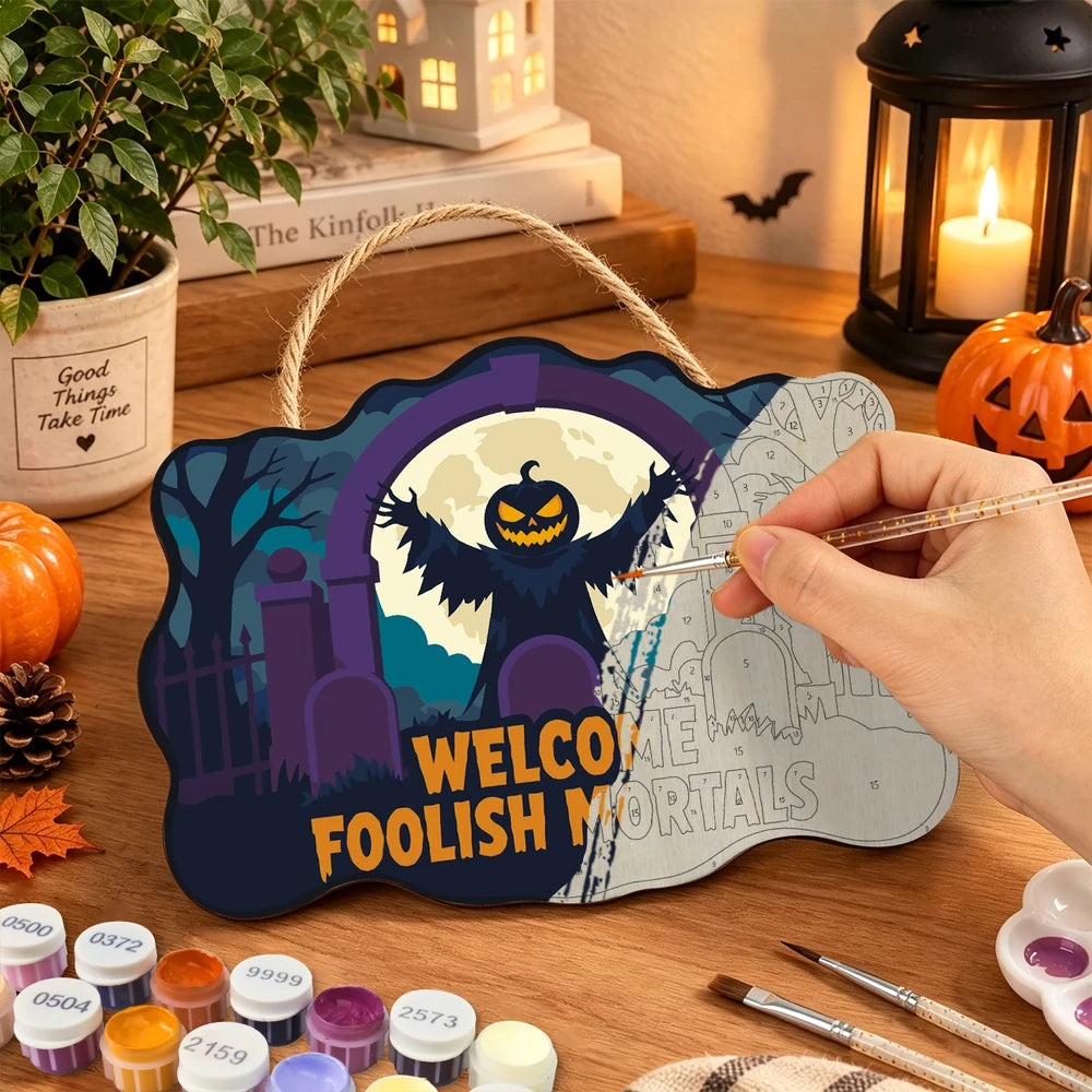 Paint by Numbers - Wooden Door Hanger | Welcome Foolish Mortals Pumpkin Bat