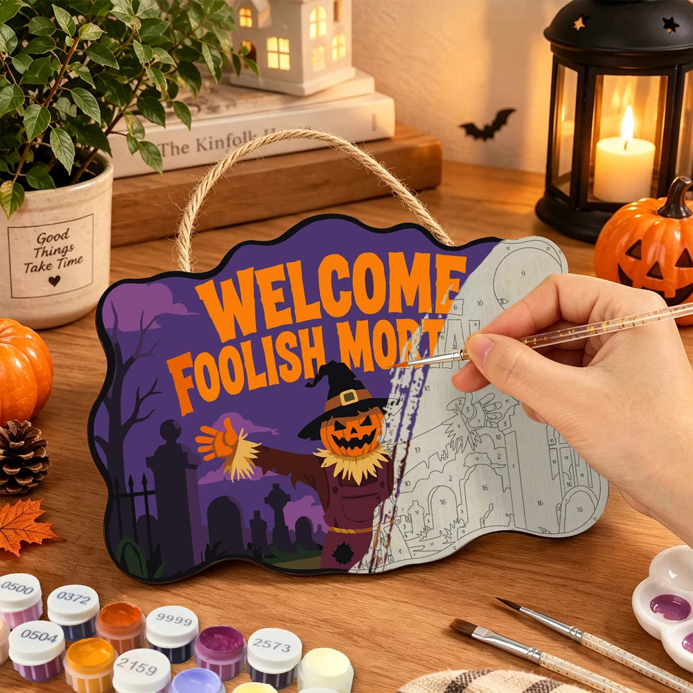 Paint by Numbers - Wooden Door Hanger | Welcome Foolish Mortals Pumpkin Scarecrow