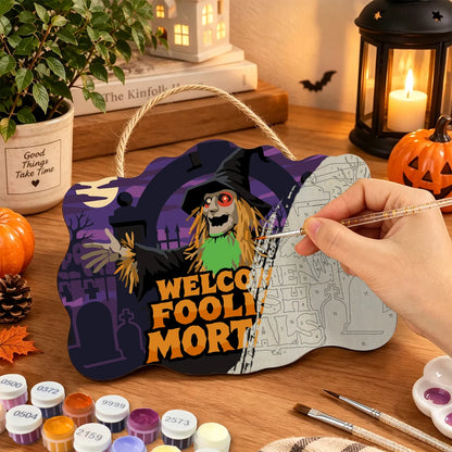 Paint by Numbers - Wooden Door Hanger | Welcome Foolish Mortals Scarecrow