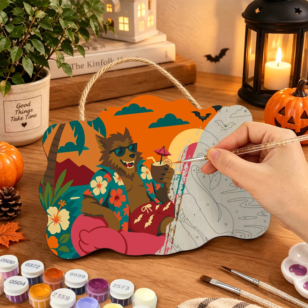 
Paint by Numbers - Wooden Door Hanger | Werewolf on a Flamingo Float