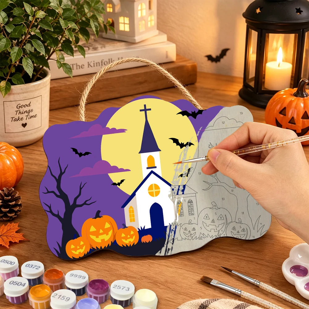Paint by Numbers - Wooden Door Hanger | White Church Under the Full Moon
