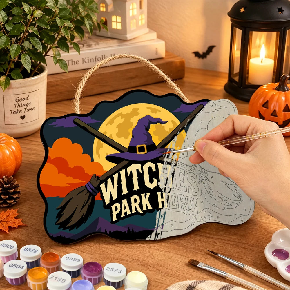 Paint by Numbers - Wooden Door Hanger | Witches Park Here Crossed Brooms