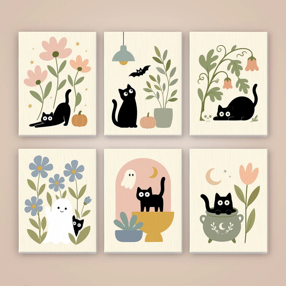 Paint by Numbers – 6 Mini Paintings | Black Cats Among Wildflowers Set