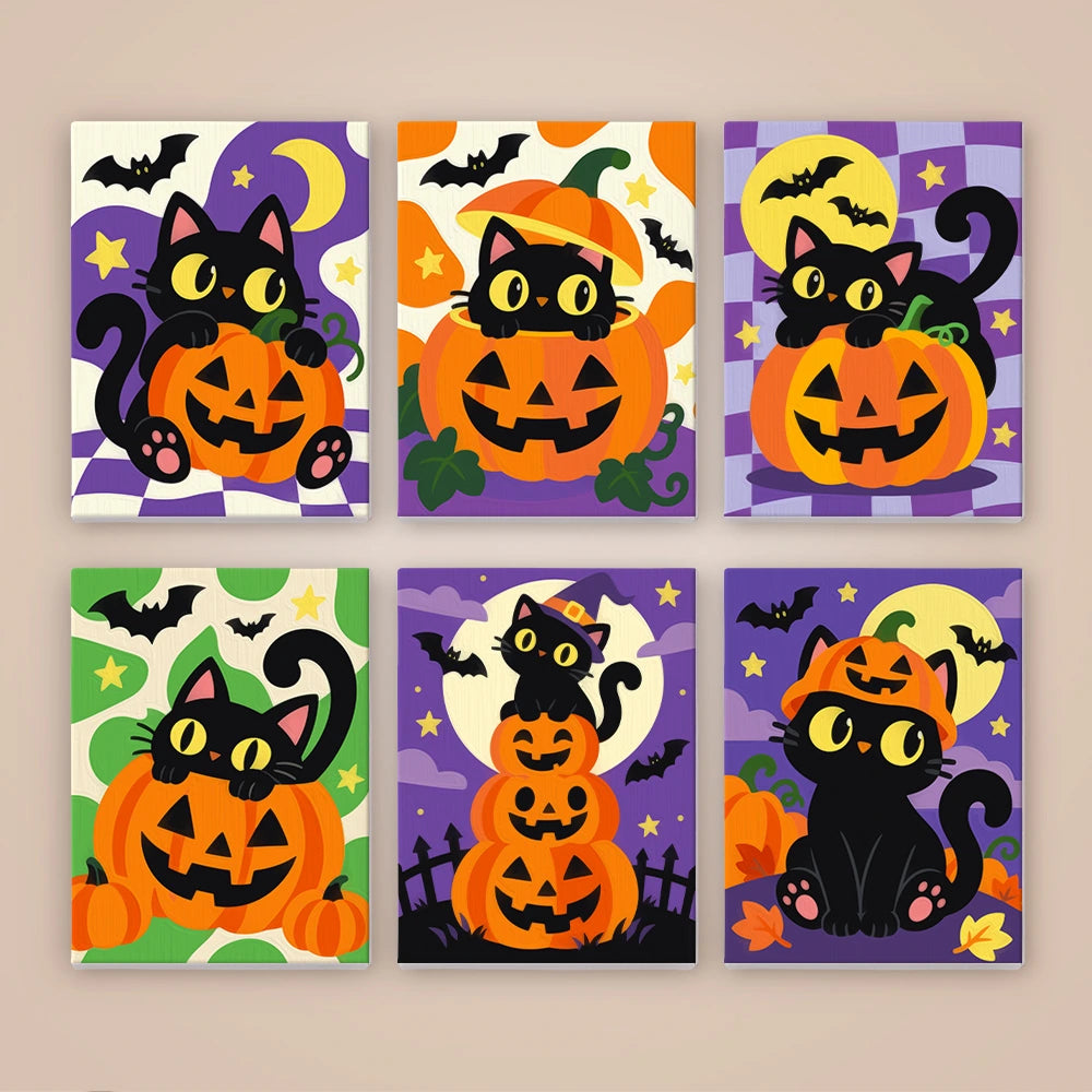 Paint by Numbers – 6 Mini Paintings | Black Cats on Jack-o'-Lanterns Set