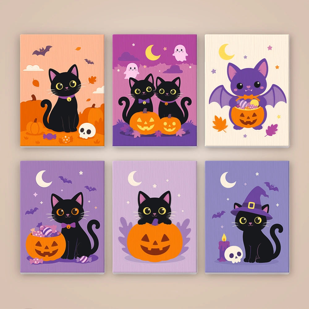 
Paint by Numbers – 6 Mini Paintings | Black Cats with Jack-o'-Lanterns Set