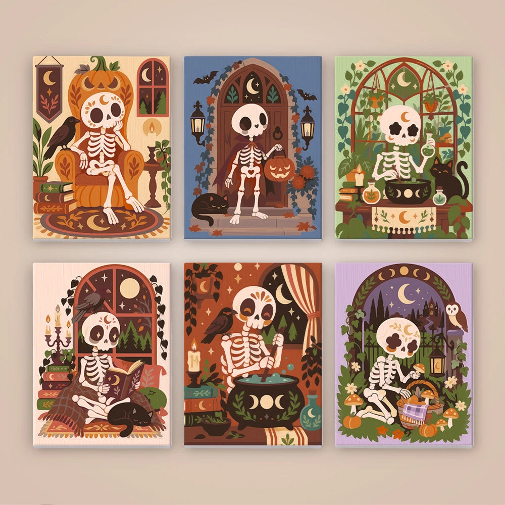 Paint by Numbers – 6 Mini Paintings | Boho Skeleton Witchcraft Set