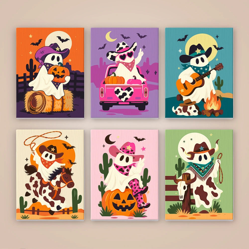 Paint by Numbers – 6 Mini Paintings | Cowboy Ghosts and Pumpkins Set