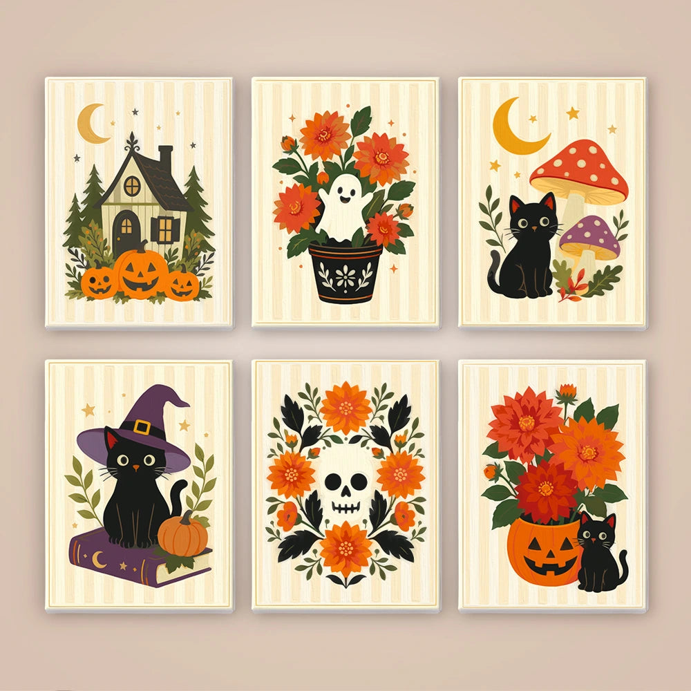 Paint by Numbers – 6 Mini Paintings | Floral Halloween Cats and Pumpkins Set