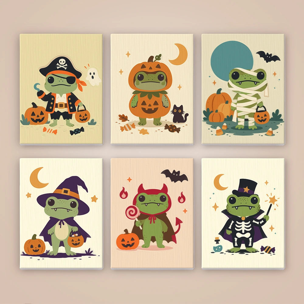 Paint by Numbers – 6 Mini Paintings | Frogs in Halloween Costumes Set
