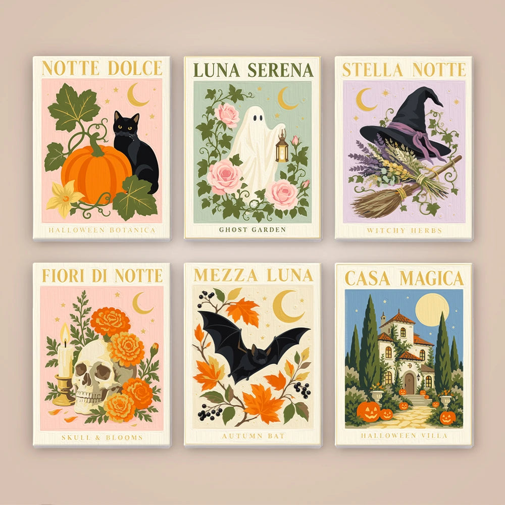 Paint by Numbers – 6 Mini Paintings | Italian Botanical Halloween Posters Set