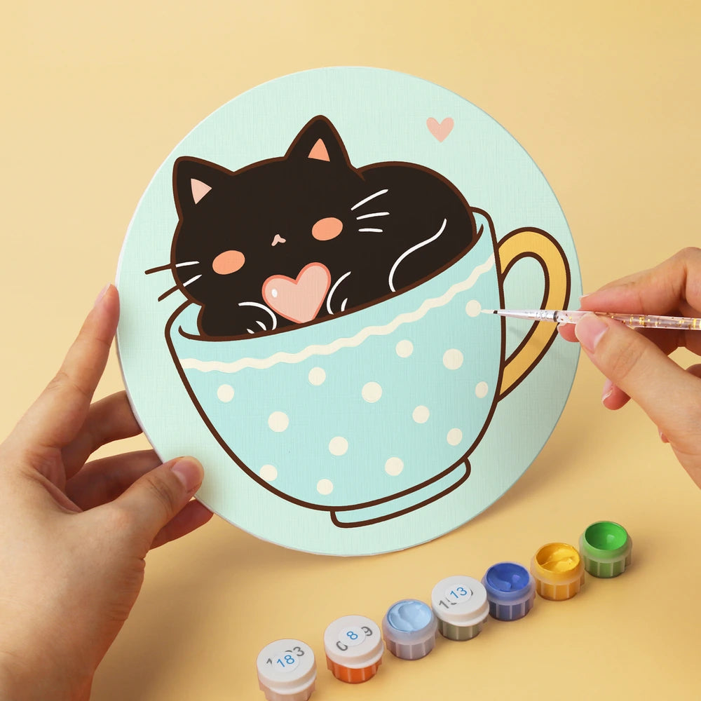 Paint by Numbers – 6 Mini Paintings | Kittens in Teacups (Round)