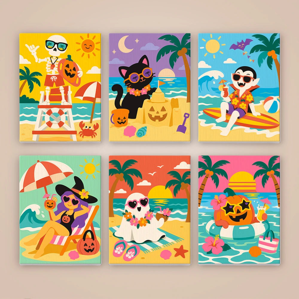 
Paint by Numbers – 6 Mini Paintings | Monsters at the Tropical Beach Set