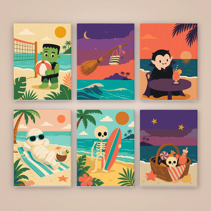 Paint by Numbers – 6 Mini Paintings | Monsters on Beach Vacation Set