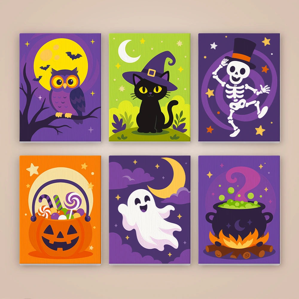 Paint by Numbers – 6 Mini Paintings | Owl, Cat and Dancing Skeleton Set