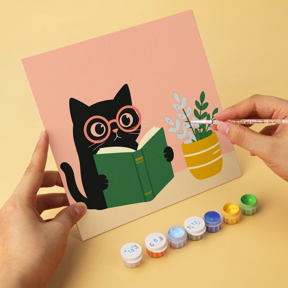 Paint by Numbers – 6 Mini Paintings | Reading Cats with Books (Square)