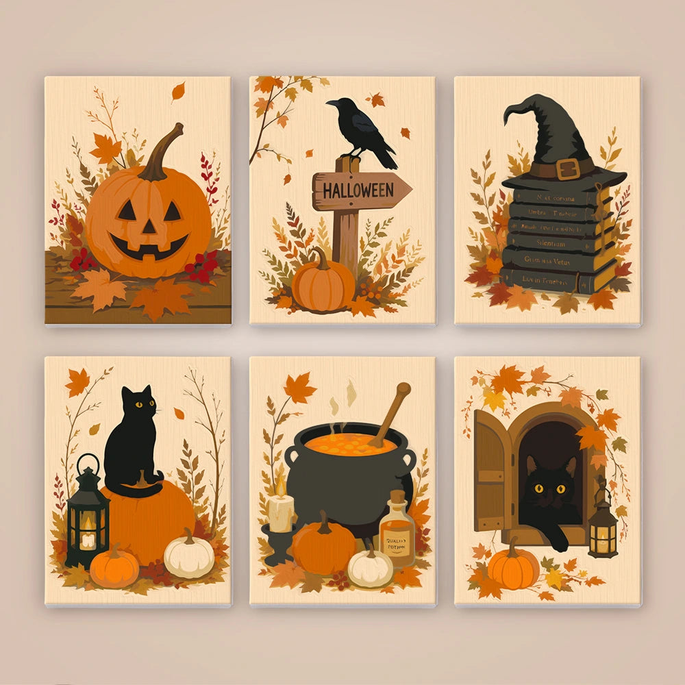 Paint by Numbers – 6 Mini Paintings | Rustic Autumn Halloween Set