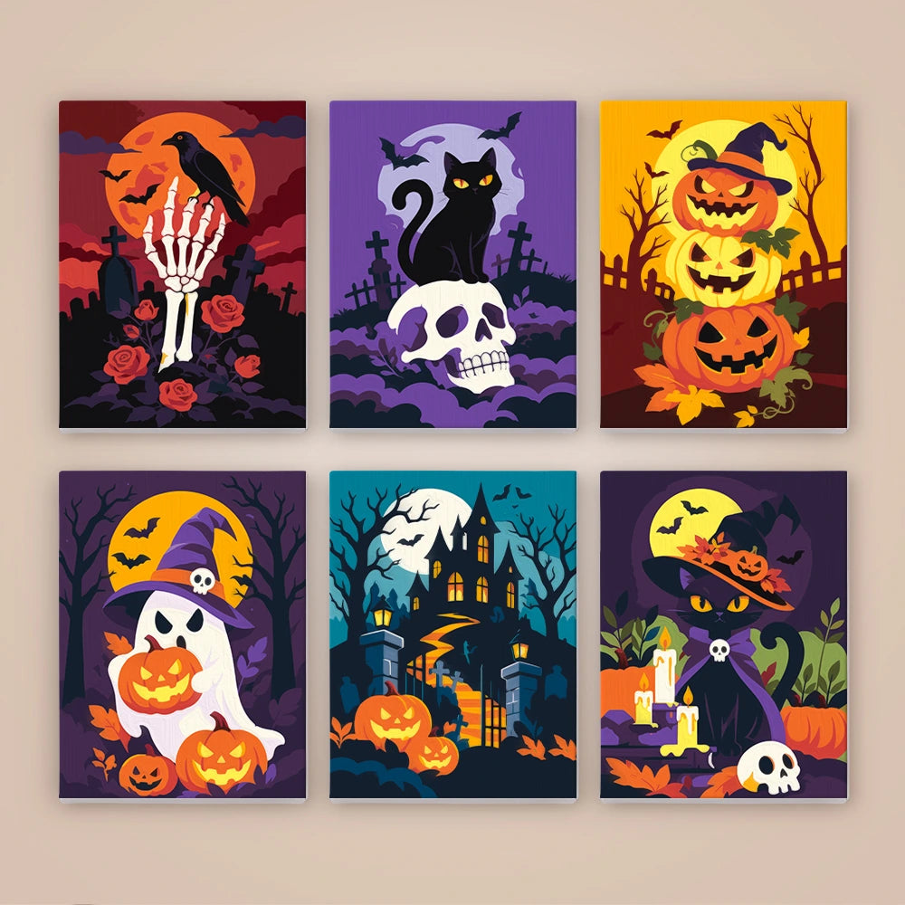 Paint by Numbers – 6 Mini Paintings | Skulls and Pumpkins by Moonlight Set