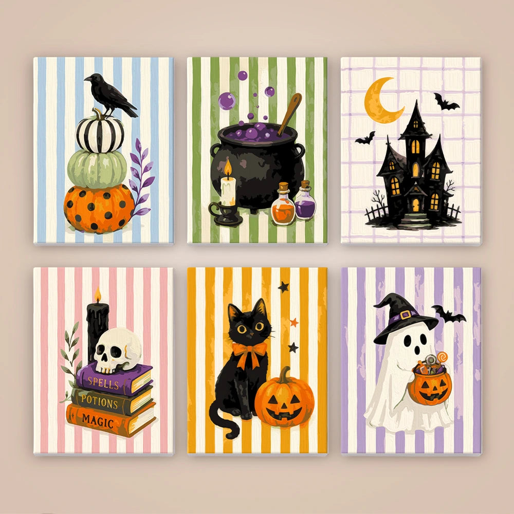 
Paint by Numbers – 6 Mini Paintings | Striped Witchy Halloween Set