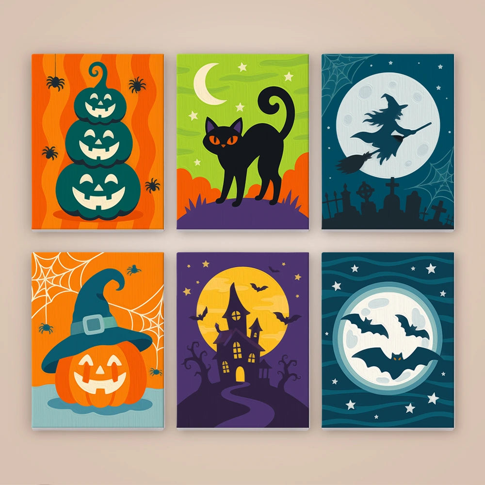 
Paint by Numbers – 6 Mini Paintings | Teal Jack-o'-Lanterns and Black Cats Set