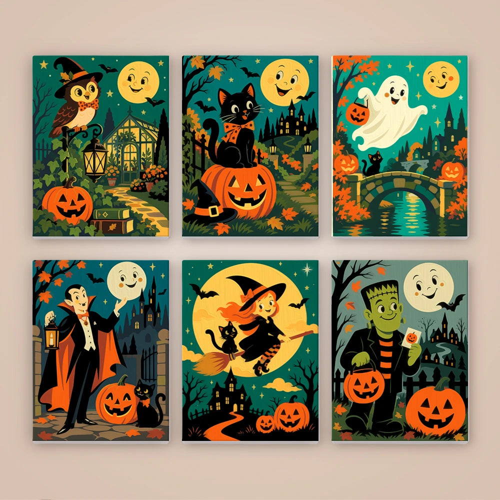 
Paint by Numbers – 6 Mini Paintings | Vintage Moon Face Monster Night Set