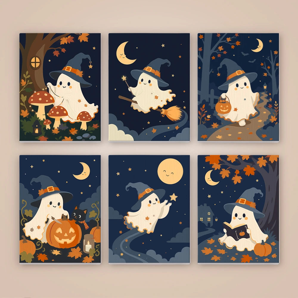 
Paint by Numbers – 6 Mini Paintings | Witch Hat Ghosts at Night Set