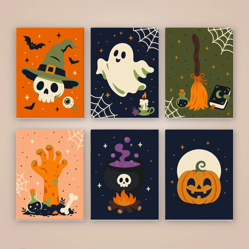 
Paint by Numbers – 6 Mini Paintings | Witch Hat Skull and Broomstick Set