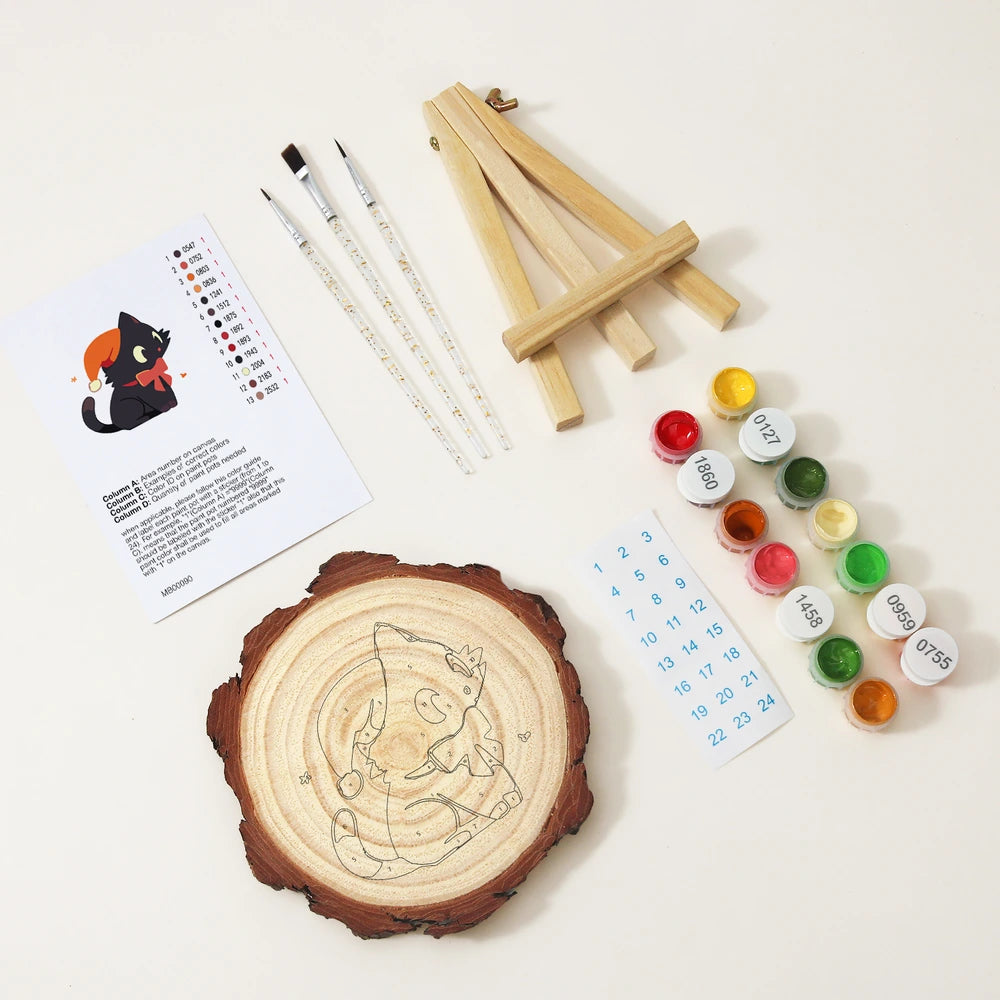 
Paint by Numbers - Wood Slice | Black Cat with an Orange Hat
