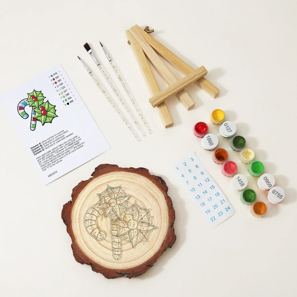 
Paint by Numbers - Wood Slice | Candy Cane and Holly
