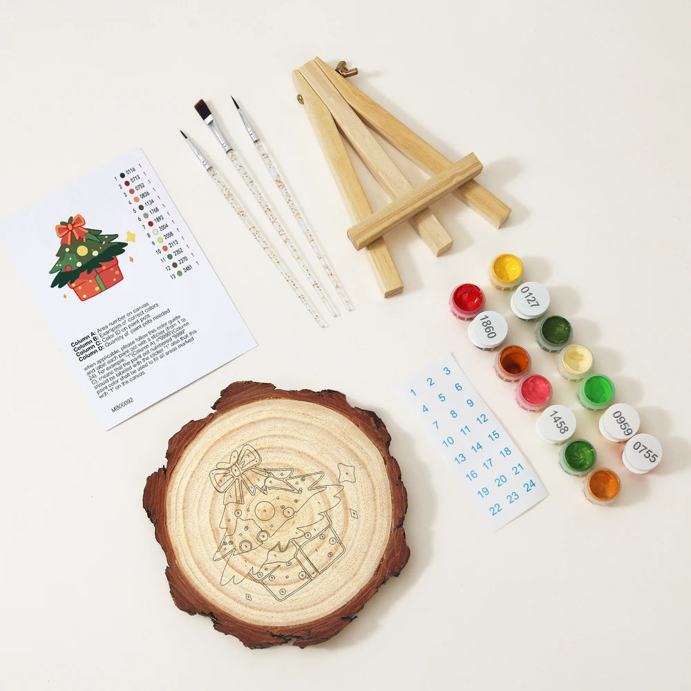 
Paint by Numbers - Wood Slice | Christmas Tree with Presents