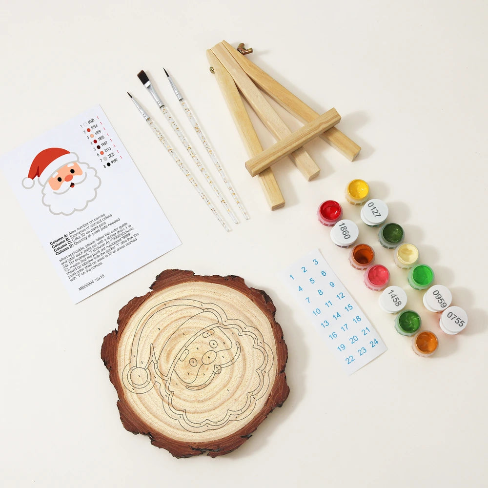 Paint by Numbers - Wood Slice | Santa Face in a Red Hat