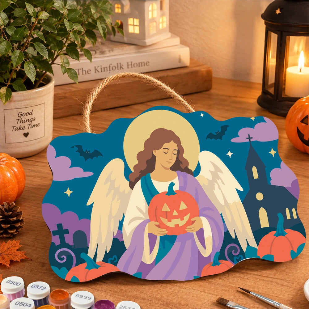 
Paint by Numbers - Wooden Door Hanger | Angel with a Jack-o'-Lantern