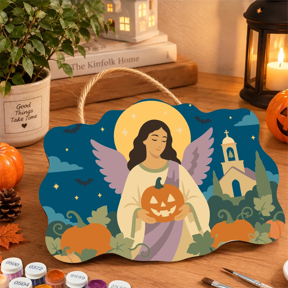 Paint by Numbers - Wooden Door Hanger | Angel with a Jack-o'-Lantern by the Church