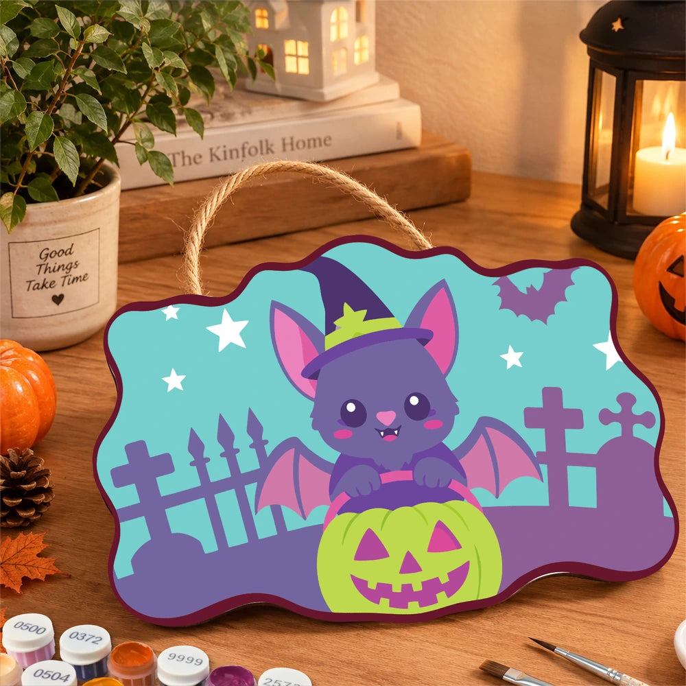 Paint by Numbers - Wooden Door Hanger | Bat in a Witch Hat with a Pumpkin