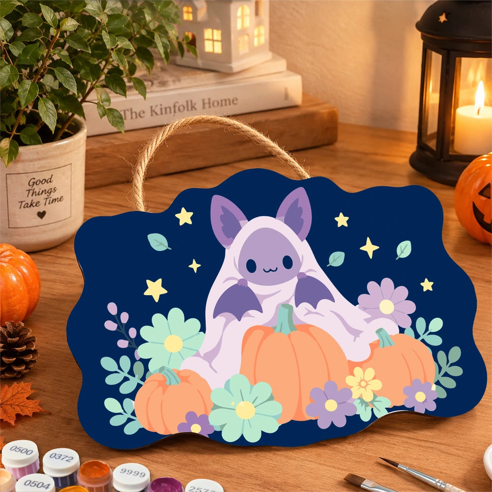 
Paint by Numbers - Wooden Door Hanger | Bat on a Pumpkin with Flowers