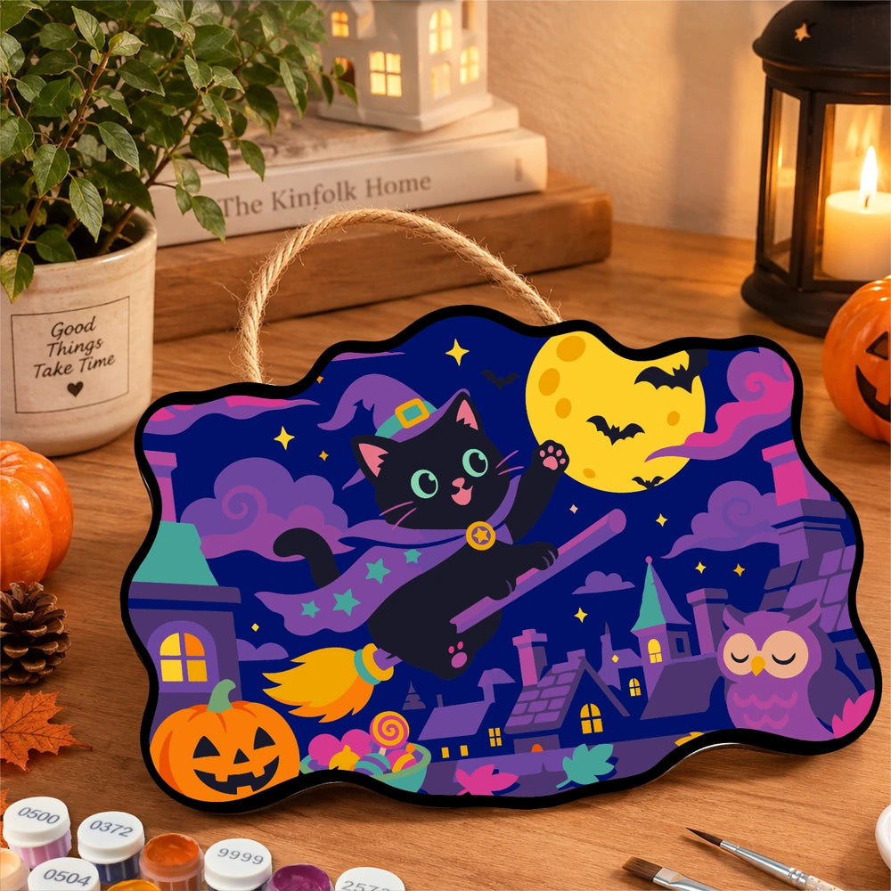 
Paint by Numbers - Wooden Door Hanger | Black Cat Witch Flying Over Town