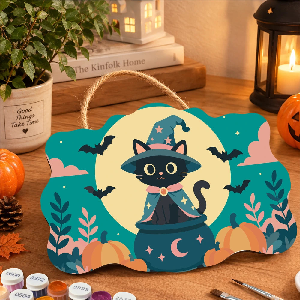 
Paint by Numbers - Wooden Door Hanger | Black Cat Witch in the Moon
