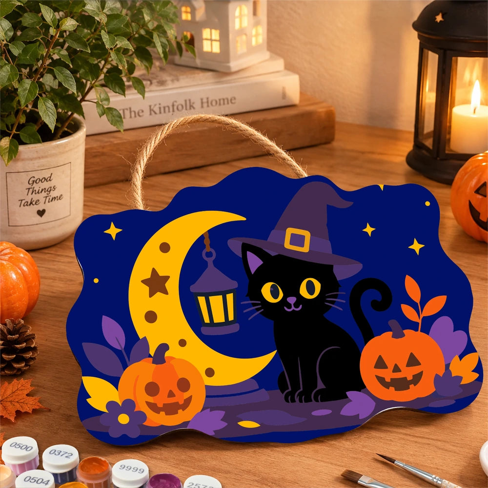 Paint by Numbers - Wooden Door Hanger | Black Cat Witch with a Lantern Moon