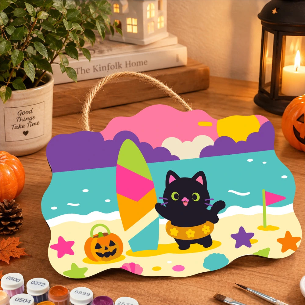 Paint by Numbers - Wooden Door Hanger | Black Cat at the Beach