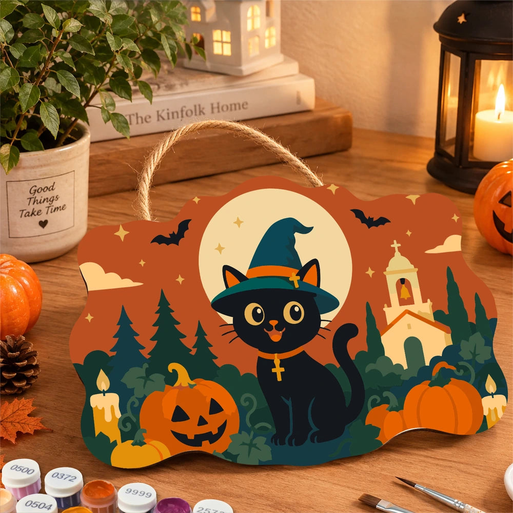 
Paint by Numbers - Wooden Door Hanger | Black Cat in a Witch Hat by the Church
