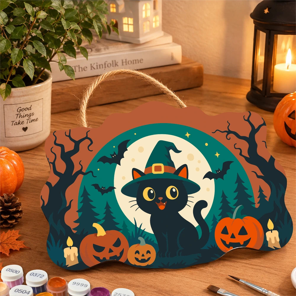 
Paint by Numbers - Wooden Door Hanger | Black Cat in a Witch Hat with Pumpkins
