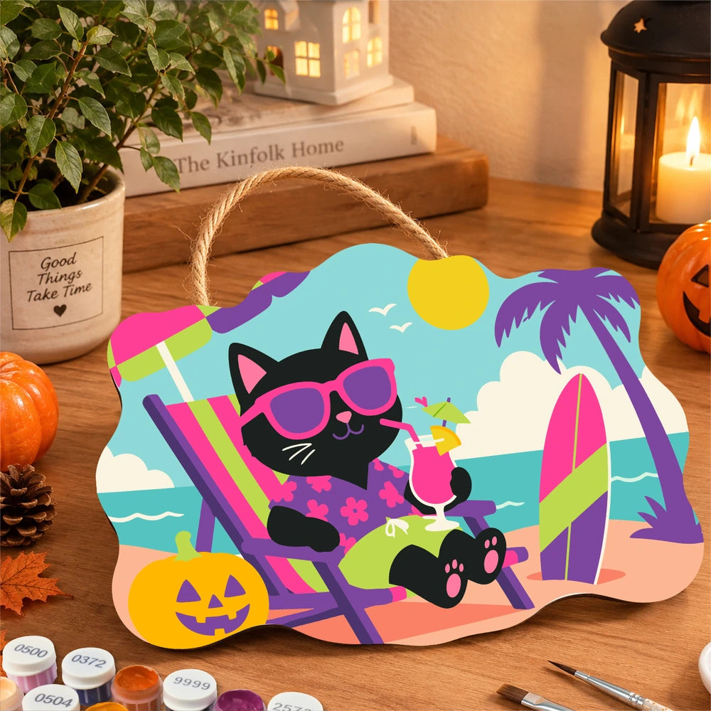 Paint by Numbers - Wooden Door Hanger | Black Cat on Vacation