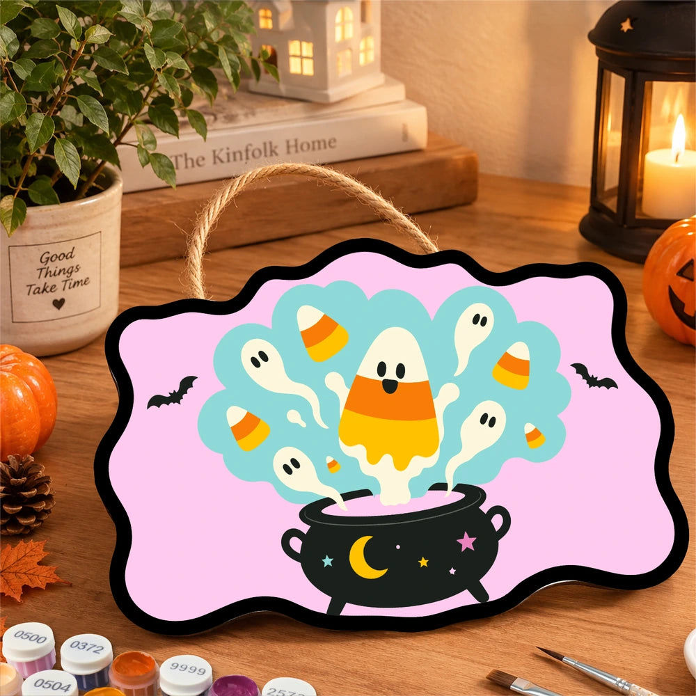 Paint by Numbers - Wooden Door Hanger | Candy Corn Ghosts in the Cauldron