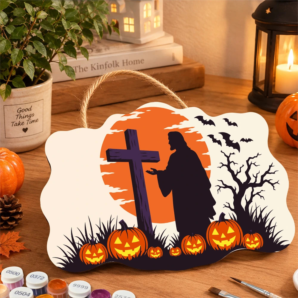 Paint by Numbers - Wooden Door Hanger | Cross at Sunset with Pumpkins