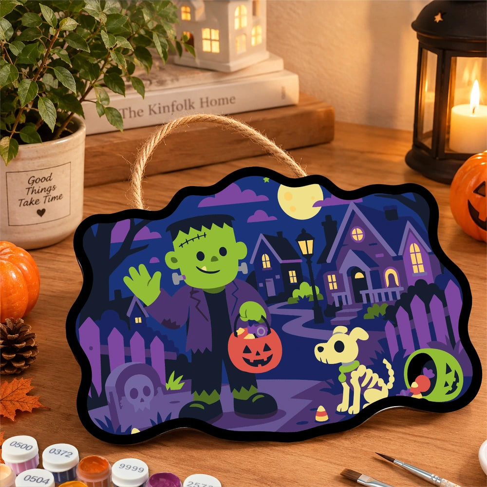 Paint by Numbers - Wooden Door Hanger | Frankenstein Trick-or-Treating