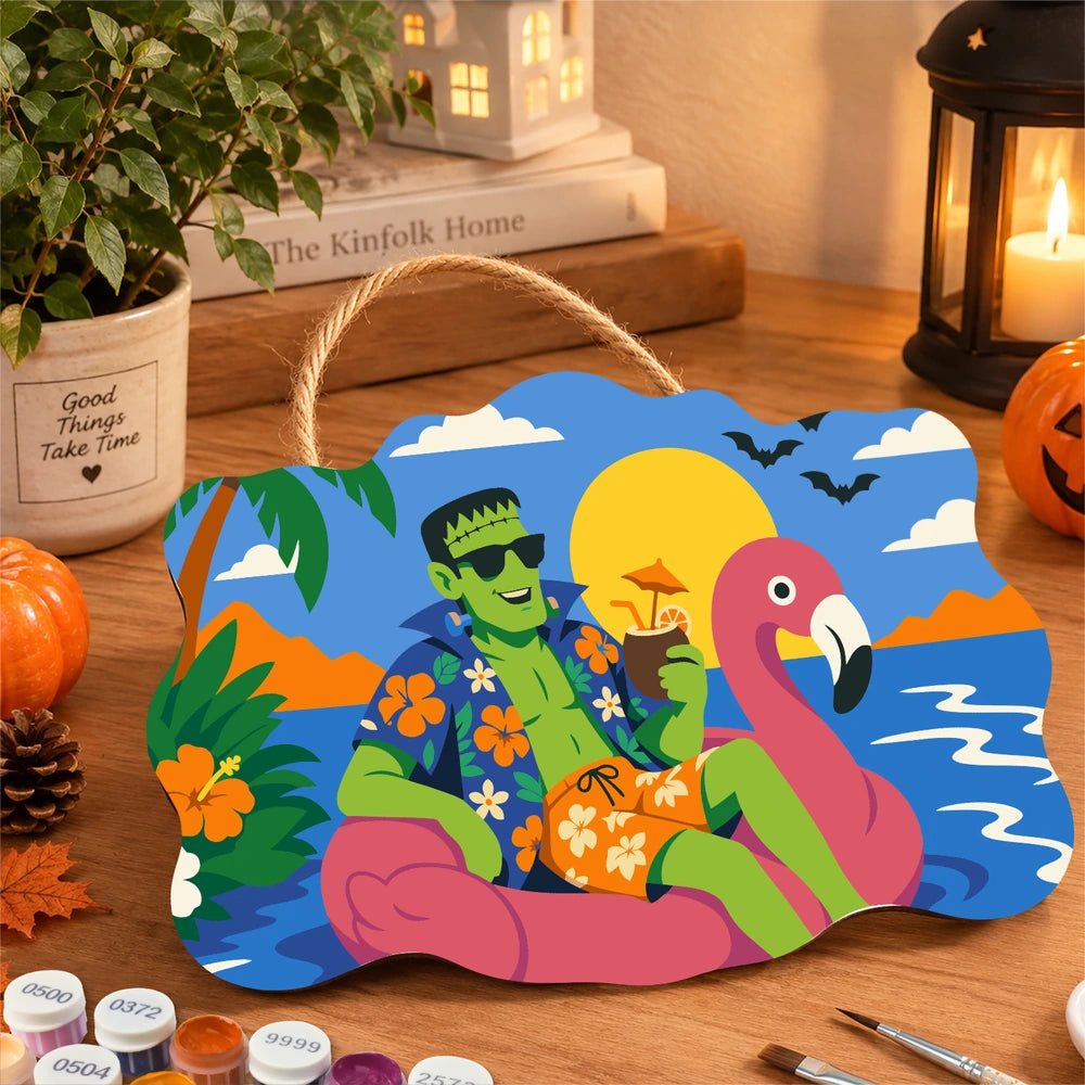 Paint by Numbers - Wooden Door Hanger | Frankenstein on a Flamingo Float