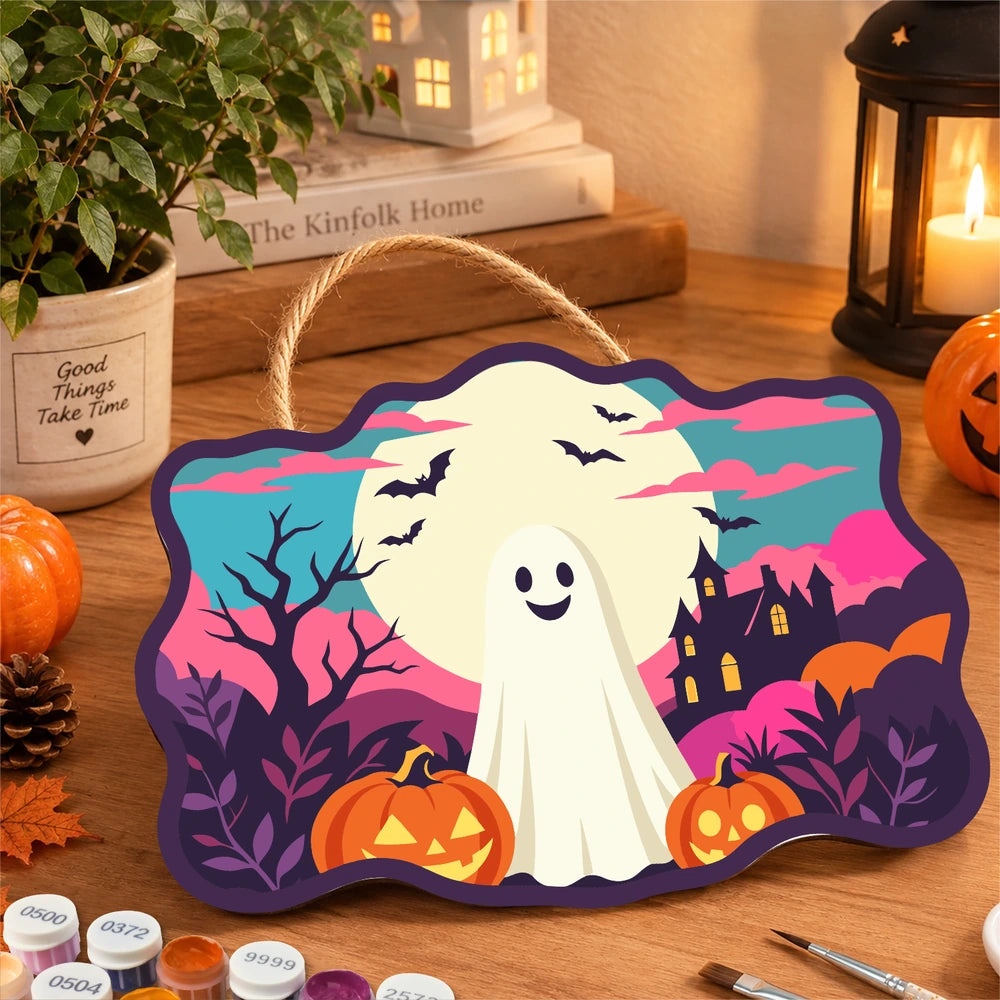 Paint by Numbers - Wooden Door Hanger | Friendly Ghost Under the Full Moon