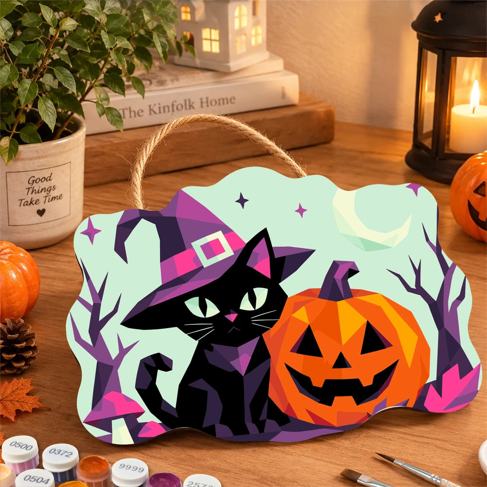 Paint by Numbers - Wooden Door Hanger | Geometric Black Cat with a Jack-o'-Lantern