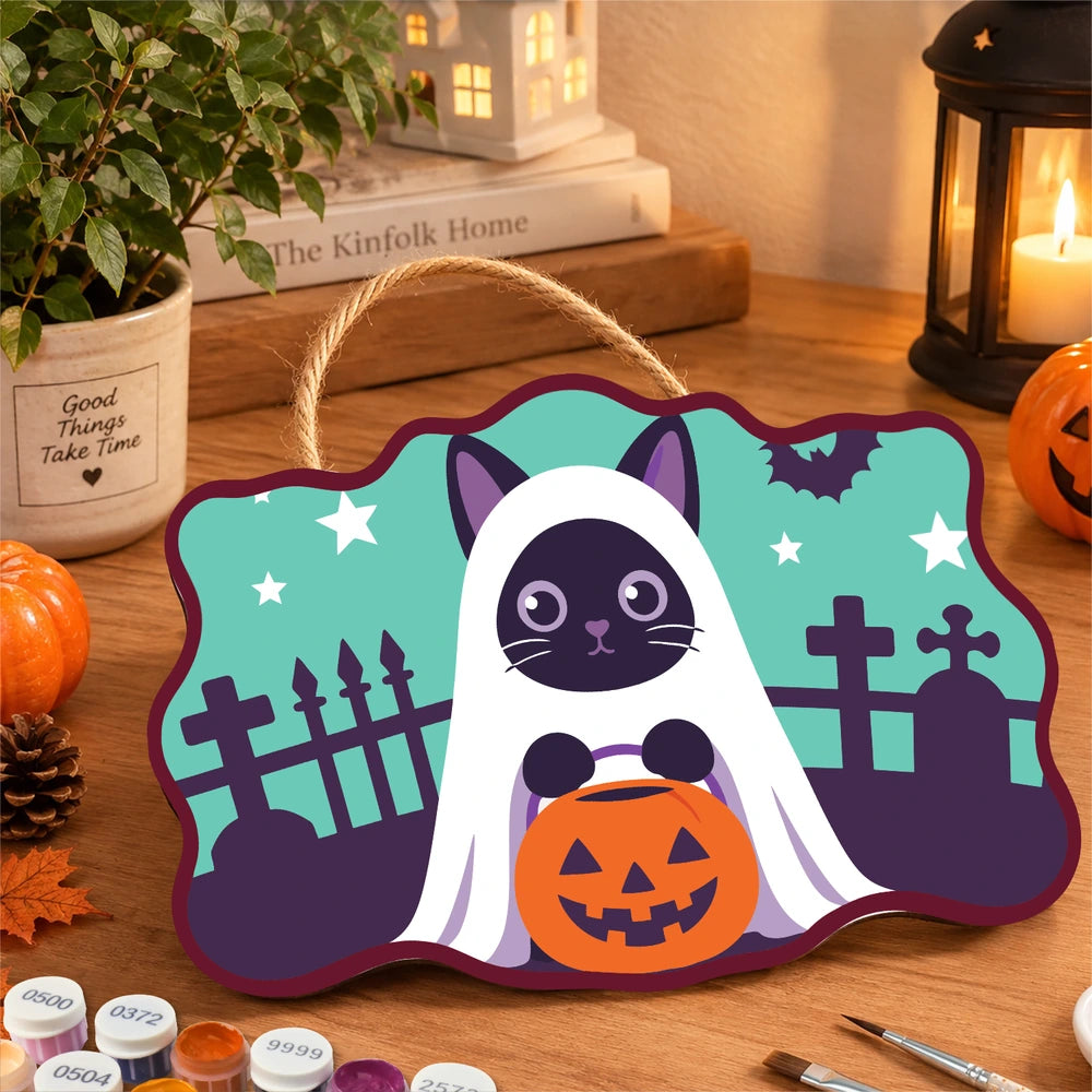Paint by Numbers - Wooden Door Hanger | Ghost Cat with a Pumpkin