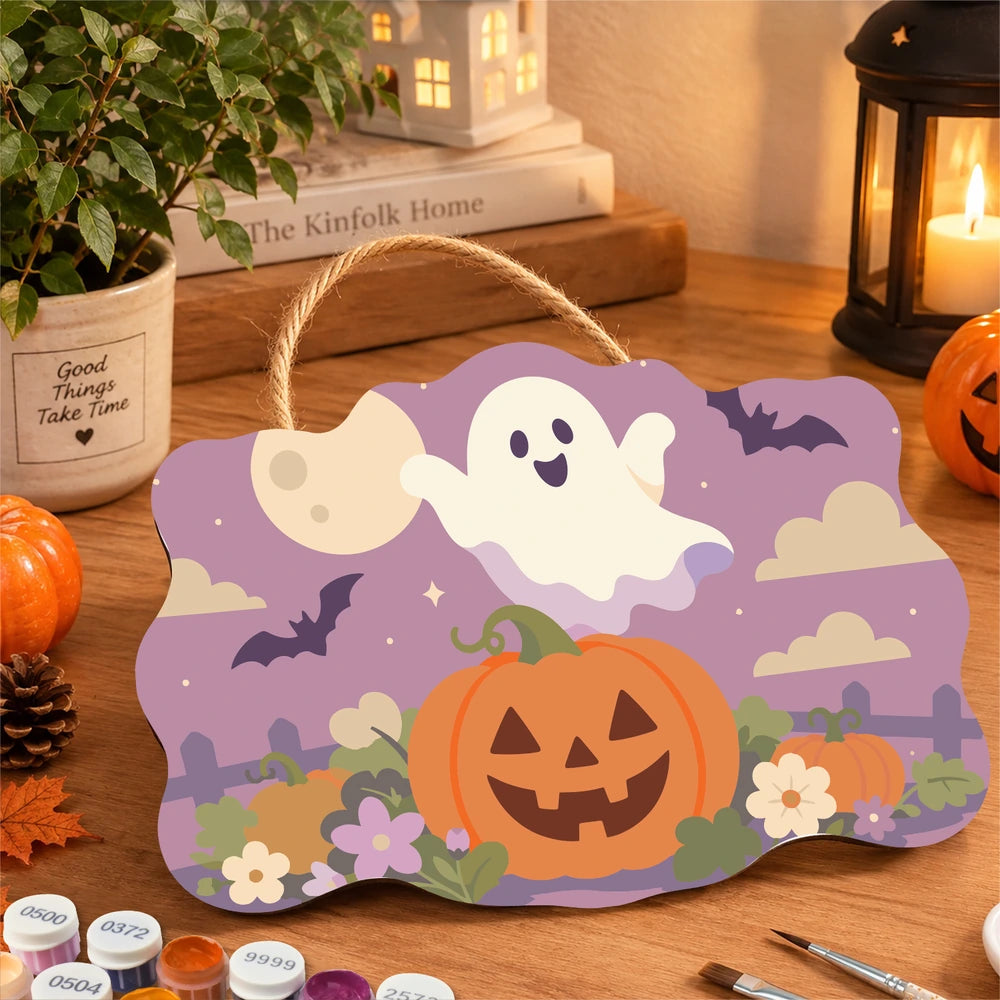 
Paint by Numbers - Wooden Door Hanger | Ghost Over a Jack-o'-Lantern at Dusk